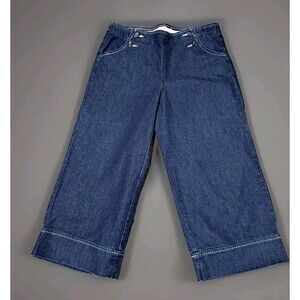 Cache Womens Wide Leg Gaucho Denim Cropped Pants Sz 12 Side Button Top Retro